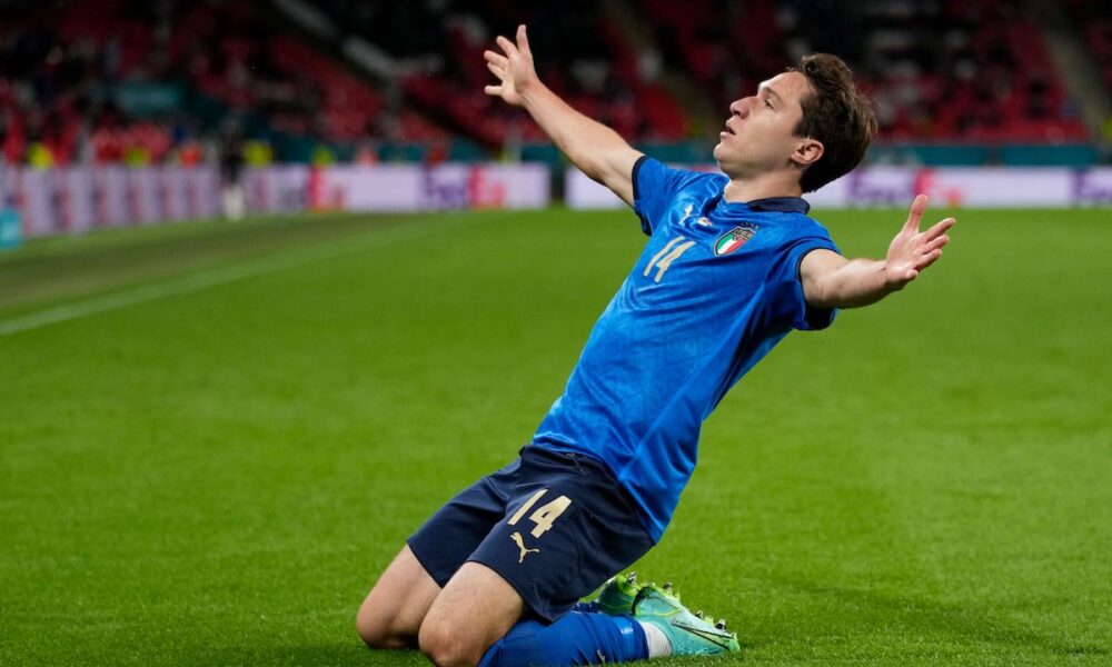 Italy's midfielder Federico Chiesa celebrates after scoring the opening goal during the UEFA EURO 2020 round of 16 football match between Italy and Austria at Wembley Stadium in London on June 26, 2021. (Photo by Frank Augstein / POOL / AFP) (Photo by FRANK AUGSTEIN/POOL/AFP via Getty Images)